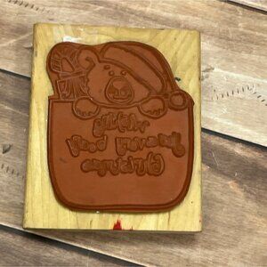 RARE LIMITED EDITION 6521Q DOUBLE WOOD MOUNT RUBBER STAMP TEDDY BEAR CHRISTMAS